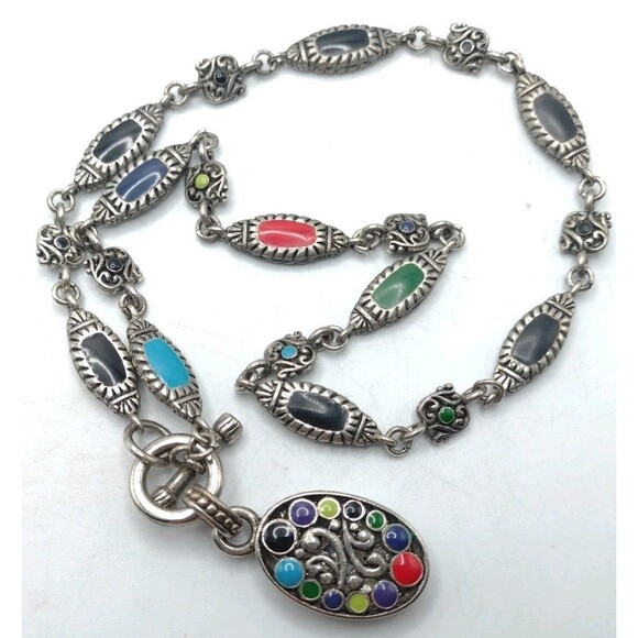 Sterling Silver 18" Necklace 63g Southwestern Enamel Bead 8.6mm Toggle Pendant - Picture 10 of 16